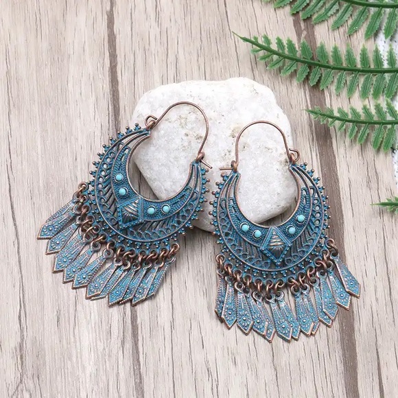 Sarrah Jewelry - New Boho Western Patina Fringe Earrings